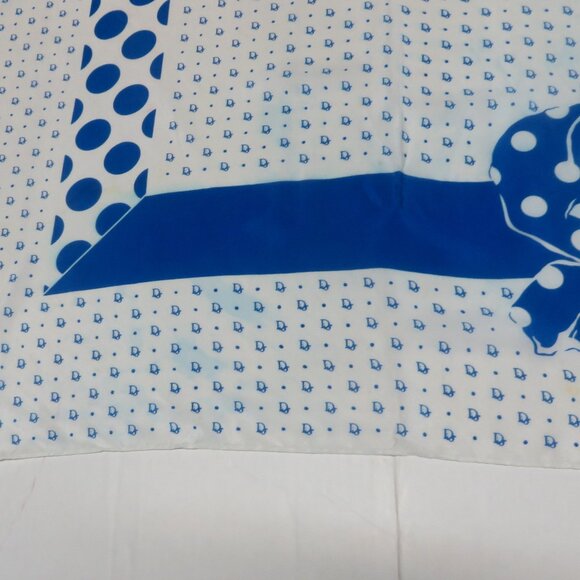 ❤️CHRISTIAN DIOR Blue White Polka Dot Logo  Silk Scarf Shawl Wrap Plump Hem - Picture 6 of 8